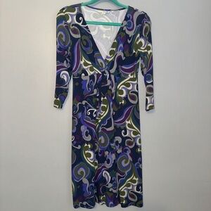 EUC Boden Faux Wrap V Neck Paisley Swirl Jersey Dress Size 8R 8 Regular